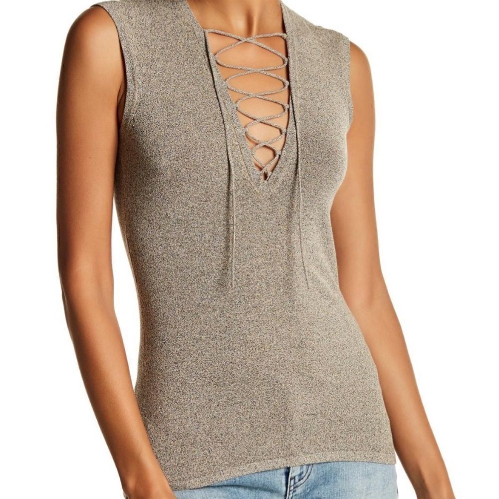 IRO Alida Wool Blend‎ Lace Front Sleeveless Top Speckled Beige Size XS